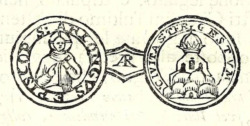 An illustration from Historia antica e moderna, sacra e profana, della città di Trieste, celebre colonia de'cittadini Romani : con la notitia di molt'arcani d'antichità, prerogative di nobiltà, e gesti d'huomini illustri, privilegi della città, e famiglie d'essa, varietà d'eruditioni, inscrittioni, sassi, mausolei, M.S. successi, mutationi de riti, e dominj, fin'à quest'anno 1698, 1698, leaf 124