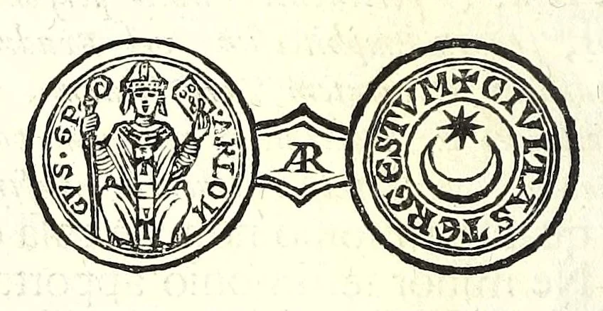 An illustration from Historia antica e moderna, sacra e profana, della città di Trieste, celebre colonia de'cittadini Romani : con la notitia di molt'arcani d'antichità, prerogative di nobiltà, e gesti d'huomini illustri, privilegi della città, e famiglie d'essa, varietà d'eruditioni, inscrittioni, sassi, mausolei, M.S. successi, mutationi de riti, e dominj, fin'à quest'anno 1698, 1698, leaf 124