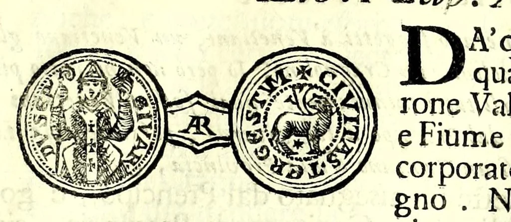 An illustration from Historia antica e moderna, sacra e profana, della città di Trieste, celebre colonia de'cittadini Romani : con la notitia di molt'arcani d'antichità, prerogative di nobiltà, e gesti d'huomini illustri, privilegi della città, e famiglie d'essa, varietà d'eruditioni, inscrittioni, sassi, mausolei, M.S. successi, mutationi de riti, e dominj, fin'à quest'anno 1698, 1698, leaf 125