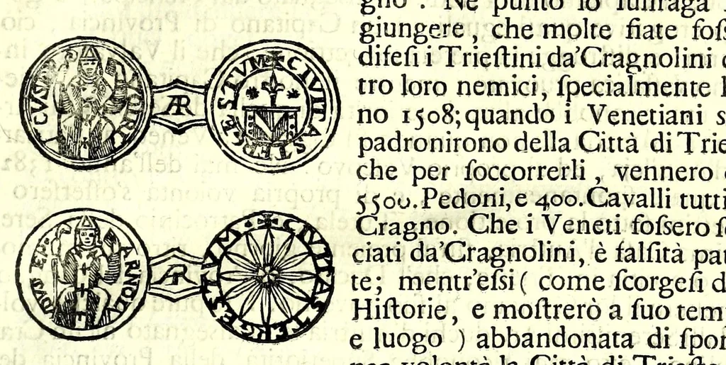 An illustration from Historia antica e moderna, sacra e profana, della città di Trieste, celebre colonia de'cittadini Romani : con la notitia di molt'arcani d'antichità, prerogative di nobiltà, e gesti d'huomini illustri, privilegi della città, e famiglie d'essa, varietà d'eruditioni, inscrittioni, sassi, mausolei, M.S. successi, mutationi de riti, e dominj, fin'à quest'anno 1698, 1698, leaf 125