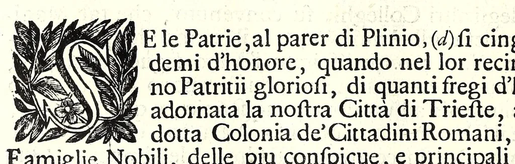 An illustration from Historia antica e moderna, sacra e profana, della città di Trieste, celebre colonia de'cittadini Romani : con la notitia di molt'arcani d'antichità, prerogative di nobiltà, e gesti d'huomini illustri, privilegi della città, e famiglie d'essa, varietà d'eruditioni, inscrittioni, sassi, mausolei, M.S. successi, mutationi de riti, e dominj, fin'à quest'anno 1698, 1698, leaf 136