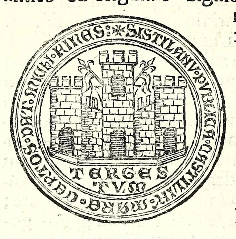 An illustration from Historia antica e moderna, sacra e profana, della città di Trieste, celebre colonia de'cittadini Romani : con la notitia di molt'arcani d'antichità, prerogative di nobiltà, e gesti d'huomini illustri, privilegi della città, e famiglie d'essa, varietà d'eruditioni, inscrittioni, sassi, mausolei, M.S. successi, mutationi de riti, e dominj, fin'à quest'anno 1698, 1698, leaf 160