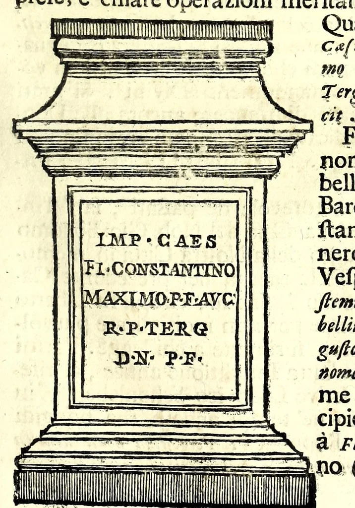 An illustration from Historia antica e moderna, sacra e profana, della città di Trieste, celebre colonia de'cittadini Romani : con la notitia di molt'arcani d'antichità, prerogative di nobiltà, e gesti d'huomini illustri, privilegi della città, e famiglie d'essa, varietà d'eruditioni, inscrittioni, sassi, mausolei, M.S. successi, mutationi de riti, e dominj, fin'à quest'anno 1698, 1698, leaf 169
