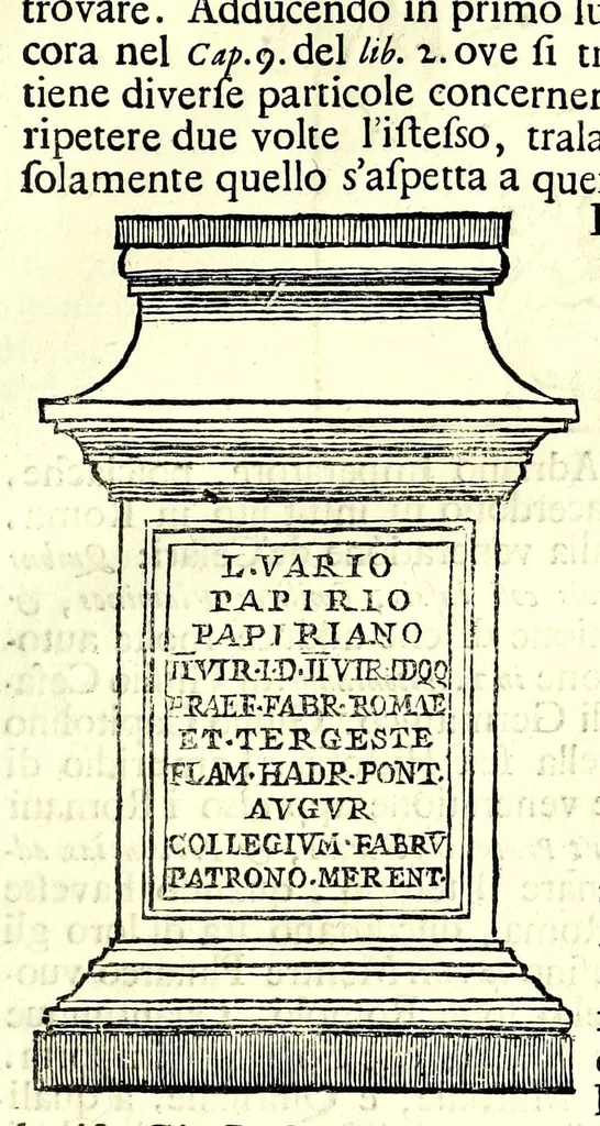 An illustration from Historia antica e moderna, sacra e profana, della città di Trieste, celebre colonia de'cittadini Romani : con la notitia di molt'arcani d'antichità, prerogative di nobiltà, e gesti d'huomini illustri, privilegi della città, e famiglie d'essa, varietà d'eruditioni, inscrittioni, sassi, mausolei, M.S. successi, mutationi de riti, e dominj, fin'à quest'anno 1698, 1698, leaf 235