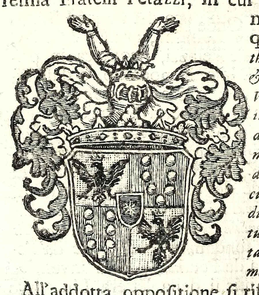 An illustration from Historia antica e moderna, sacra e profana, della città di Trieste, celebre colonia de'cittadini Romani : con la notitia di molt'arcani d'antichità, prerogative di nobiltà, e gesti d'huomini illustri, privilegi della città, e famiglie d'essa, varietà d'eruditioni, inscrittioni, sassi, mausolei, M.S. successi, mutationi de riti, e dominj, fin'à quest'anno 1698, 1698, leaf 442