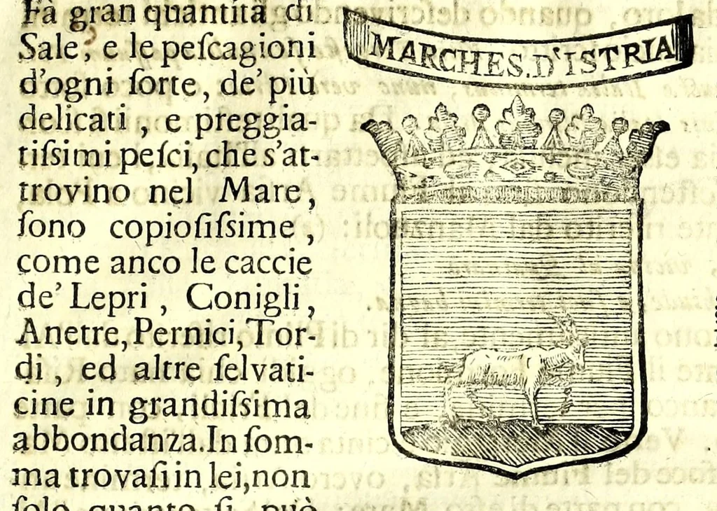 An illustration from Historia antica e moderna, sacra e profana, della città di Trieste, celebre colonia de'cittadini Romani : con la notitia di molt'arcani d'antichità, prerogative di nobiltà, e gesti d'huomini illustri, privilegi della città, e famiglie d'essa, varietà d'eruditioni, inscrittioni, sassi, mausolei, M.S. successi, mutationi de riti, e dominj, fin'à quest'anno 1698, 1698, leaf 51