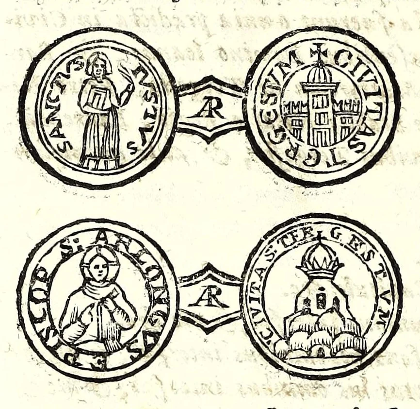 An illustration from Historia antica e moderna, sacra e profana, della città di Trieste, celebre colonia de'cittadini Romani : con la notitia di molt'arcani d'antichità, prerogative di nobiltà, e gesti d'huomini illustri, privilegi della città, e famiglie d'essa, varietà d'eruditioni, inscrittioni, sassi, mausolei, M.S. successi, mutationi de riti, e dominj, fin'à quest'anno 1698, 1698, leaf 676