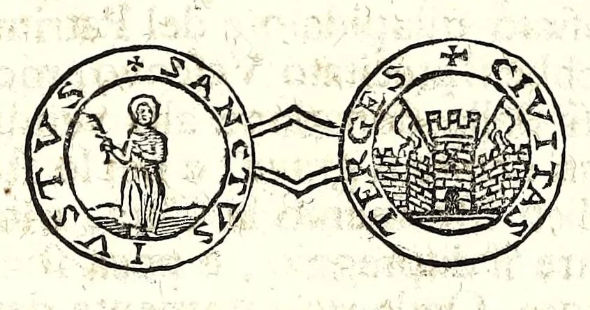 An illustration from Historia antica e moderna, sacra e profana, della città di Trieste, celebre colonia de'cittadini Romani : con la notitia di molt'arcani d'antichità, prerogative di nobiltà, e gesti d'huomini illustri, privilegi della città, e famiglie d'essa, varietà d'eruditioni, inscrittioni, sassi, mausolei, M.S. successi, mutationi de riti, e dominj, fin'à quest'anno 1698, 1698, leaf 676