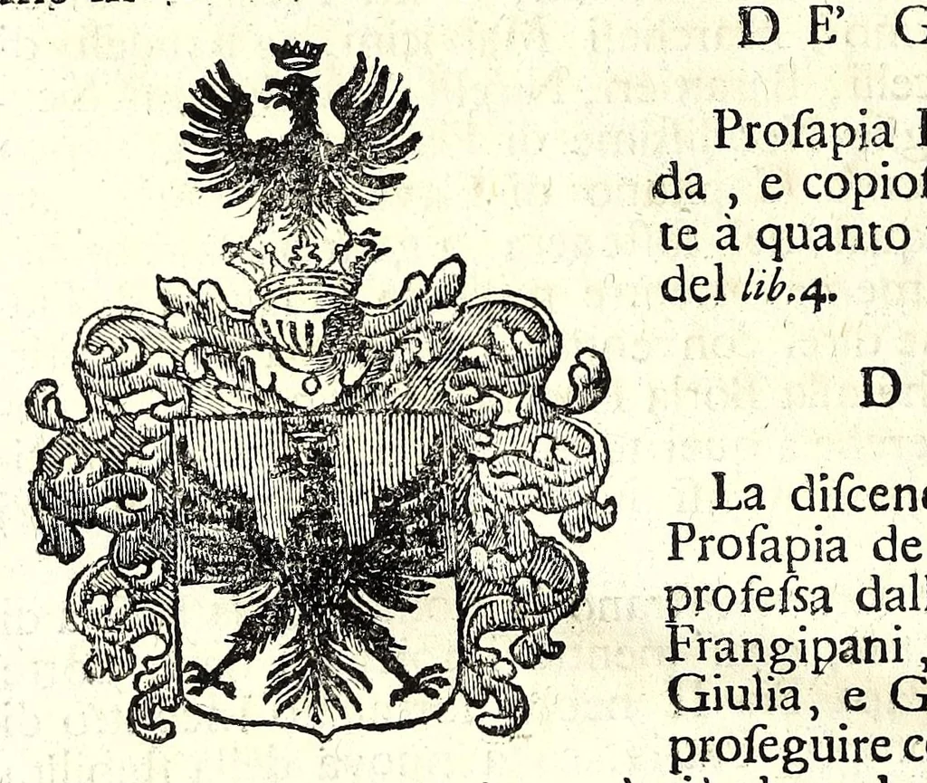 An illustration from Historia antica e moderna, sacra e profana, della città di Trieste, celebre colonia de'cittadini Romani : con la notitia di molt'arcani d'antichità, prerogative di nobiltà, e gesti d'huomini illustri, privilegi della città, e famiglie d'essa, varietà d'eruditioni, inscrittioni, sassi, mausolei, M.S. successi, mutationi de riti, e dominj, fin'à quest'anno 1698, 1698, leaf 692