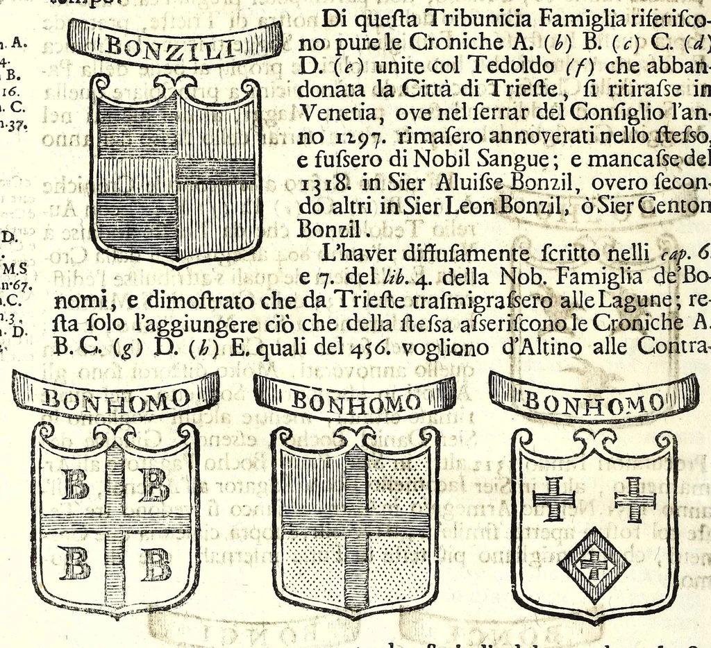 An illustration from Historia antica e moderna, sacra e profana, della città di Trieste, celebre colonia de'cittadini Romani : con la notitia di molt'arcani d'antichità, prerogative di nobiltà, e gesti d'huomini illustri, privilegi della città, e famiglie d'essa, varietà d'eruditioni, inscrittioni, sassi, mausolei, M.S. successi, mutationi de riti, e dominj, fin'à quest'anno 1698, 1698, leaf 714