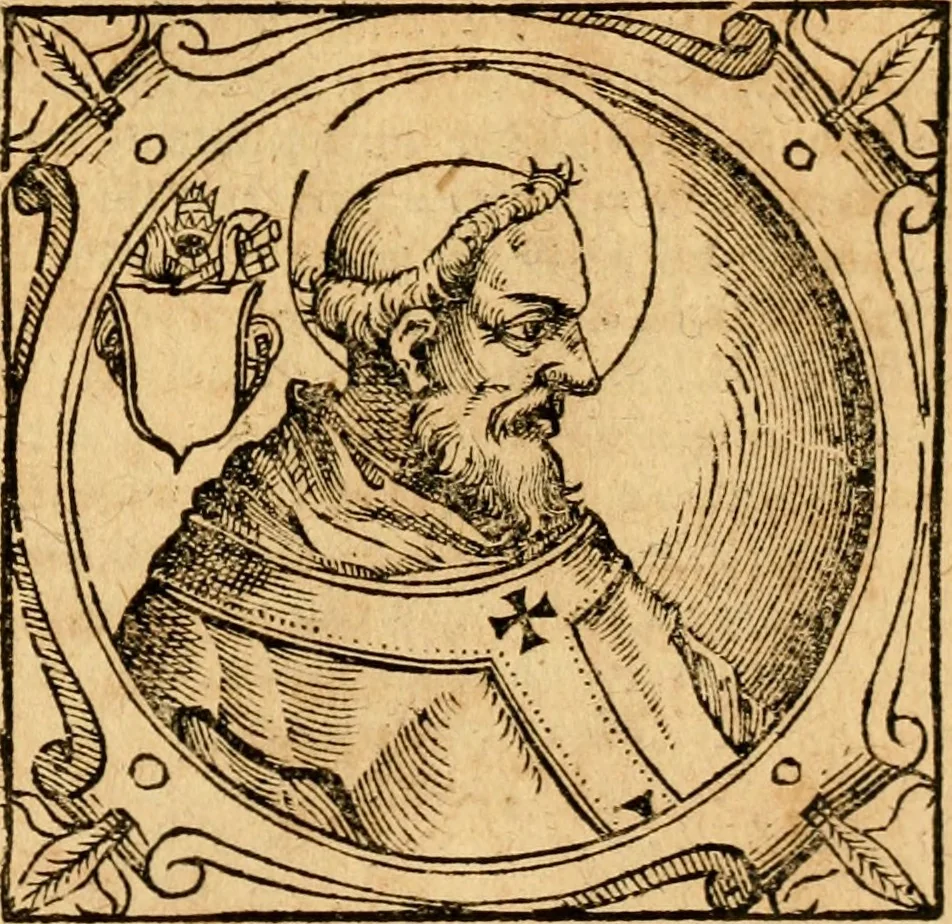 An illustration from Historia B. Platinae de vitis pontificum Romanorum : a D.N. Jesu Christo usque ad Paulum II. venetum papam : longe' quam antea emendatior, doctissimarumq[ue] annotationum Onuphrii Panuinii accessione nunc illustrior reddita : cui, eiusdem Onuphrii accurata atque fideli operâ, reliquorum pontificum vitae, usq[ue] ad Pium V. & Antonii Ciccarellae, usq[ue] ad Clementem VIII. qui hodiè sanctæ Romanae Catholicae ecclesiae præsidet, adiunctæ sunt : accesserunt nunc demum omnium pontificum verae effigies : omnia summo studio emendata & correcta, 1600, leaf 100