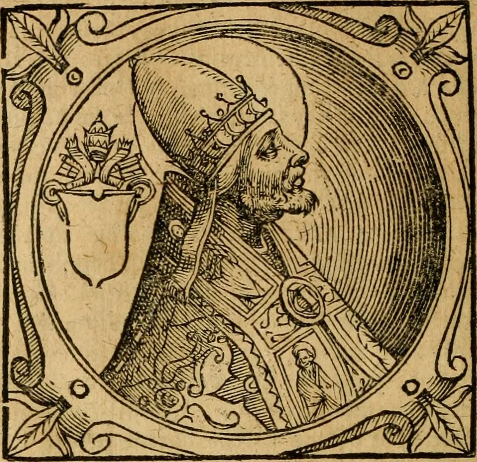 An illustration from Historia B. Platinae de vitis pontificum Romanorum : a D.N. Jesu Christo usque ad Paulum II. venetum papam : longe' quam antea emendatior, doctissimarumq[ue] annotationum Onuphrii Panuinii accessione nunc illustrior reddita : cui, eiusdem Onuphrii accurata atque fideli operâ, reliquorum pontificum vitae, usq[ue] ad Pium V. & Antonii Ciccarellae, usq[ue] ad Clementem VIII. qui hodiè sanctæ Romanae Catholicae ecclesiae præsidet, adiunctæ sunt : accesserunt nunc demum omnium pontificum verae effigies : omnia summo studio emendata & correcta, 1600, leaf 101