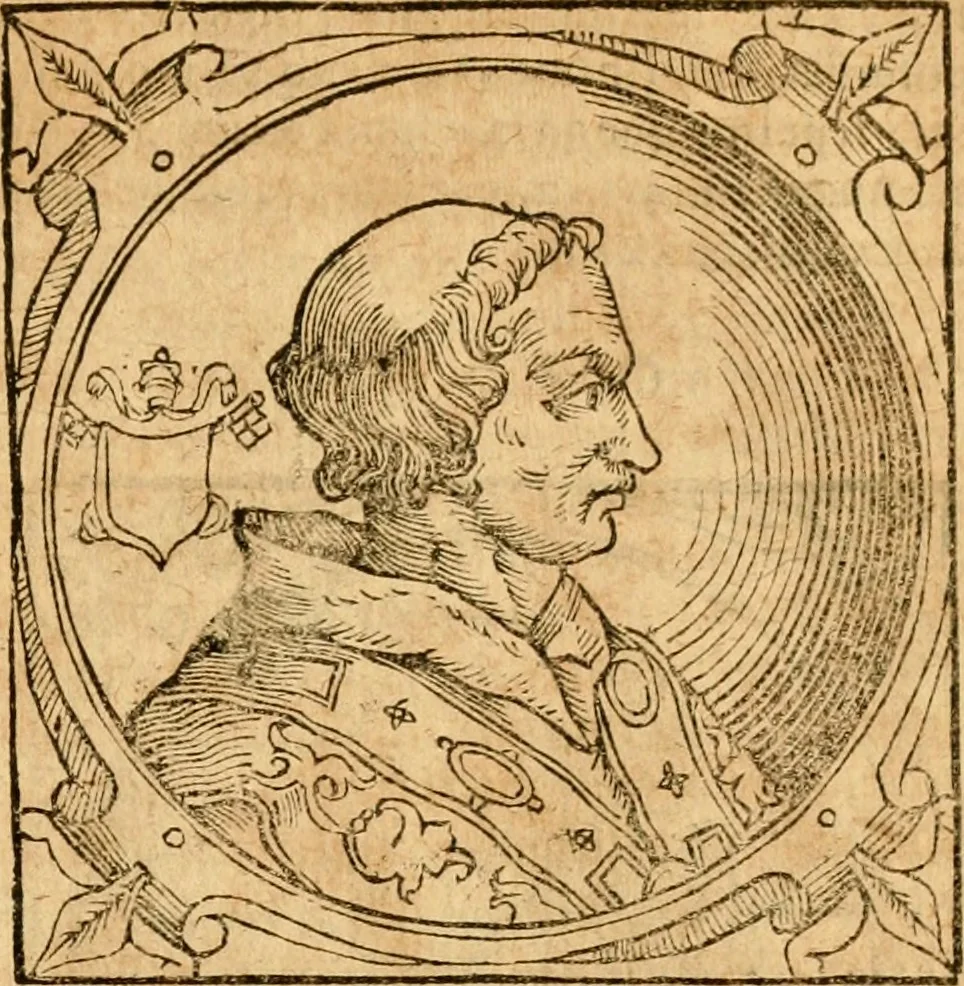 An illustration from Historia B. Platinae de vitis pontificum Romanorum : a D.N. Jesu Christo usque ad Paulum II. venetum papam : longe' quam antea emendatior, doctissimarumq[ue] annotationum Onuphrii Panuinii accessione nunc illustrior reddita : cui, eiusdem Onuphrii accurata atque fideli operâ, reliquorum pontificum vitae, usq[ue] ad Pium V. & Antonii Ciccarellae, usq[ue] ad Clementem VIII. qui hodiè sanctæ Romanae Catholicae ecclesiae præsidet, adiunctæ sunt : accesserunt nunc demum omnium pontificum verae effigies : omnia summo studio emendata & correcta, 1600, leaf 102