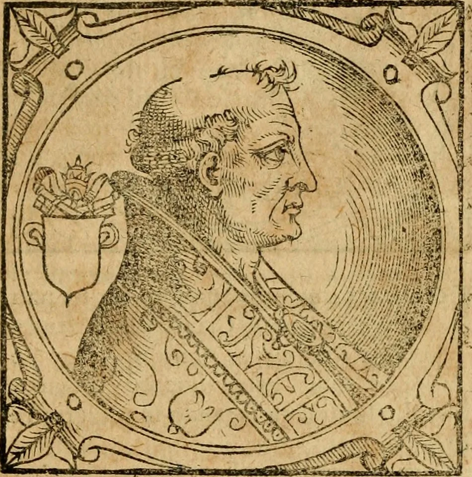An illustration from Historia B. Platinae de vitis pontificum Romanorum : a D.N. Jesu Christo usque ad Paulum II. venetum papam : longe' quam antea emendatior, doctissimarumq[ue] annotationum Onuphrii Panuinii accessione nunc illustrior reddita : cui, eiusdem Onuphrii accurata atque fideli operâ, reliquorum pontificum vitae, usq[ue] ad Pium V. & Antonii Ciccarellae, usq[ue] ad Clementem VIII. qui hodiè sanctæ Romanae Catholicae ecclesiae præsidet, adiunctæ sunt : accesserunt nunc demum omnium pontificum verae effigies : omnia summo studio emendata & correcta, 1600, leaf 103