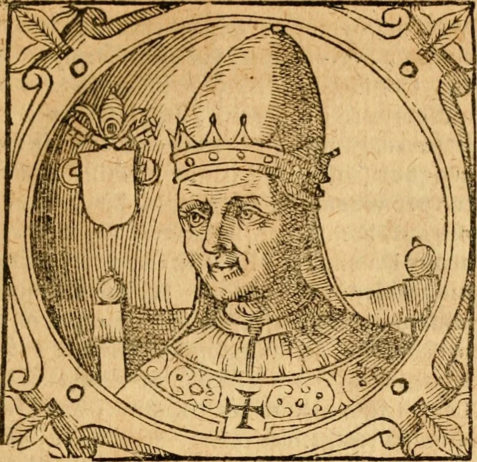 An illustration from Historia B. Platinae de vitis pontificum Romanorum : a D.N. Jesu Christo usque ad Paulum II. venetum papam : longe' quam antea emendatior, doctissimarumq[ue] annotationum Onuphrii Panuinii accessione nunc illustrior reddita : cui, eiusdem Onuphrii accurata atque fideli operâ, reliquorum pontificum vitae, usq[ue] ad Pium V. & Antonii Ciccarellae, usq[ue] ad Clementem VIII. qui hodiè sanctæ Romanae Catholicae ecclesiae præsidet, adiunctæ sunt : accesserunt nunc demum omnium pontificum verae effigies : omnia summo studio emendata & correcta, 1600, leaf 104