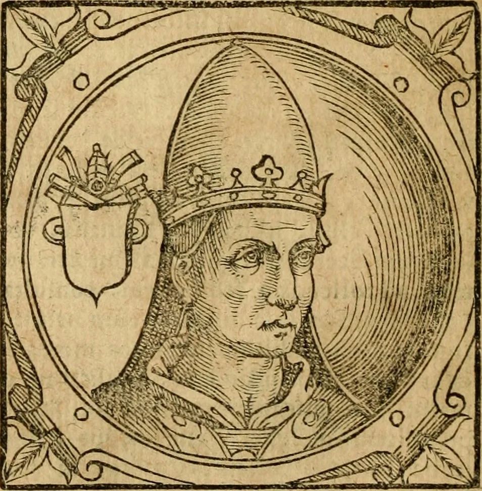 An illustration from Historia B. Platinae de vitis pontificum Romanorum : a D.N. Jesu Christo usque ad Paulum II. venetum papam : longe' quam antea emendatior, doctissimarumq[ue] annotationum Onuphrii Panuinii accessione nunc illustrior reddita : cui, eiusdem Onuphrii accurata atque fideli operâ, reliquorum pontificum vitae, usq[ue] ad Pium V. & Antonii Ciccarellae, usq[ue] ad Clementem VIII. qui hodiè sanctæ Romanae Catholicae ecclesiae præsidet, adiunctæ sunt : accesserunt nunc demum omnium pontificum verae effigies : omnia summo studio emendata & correcta, 1600, leaf 105