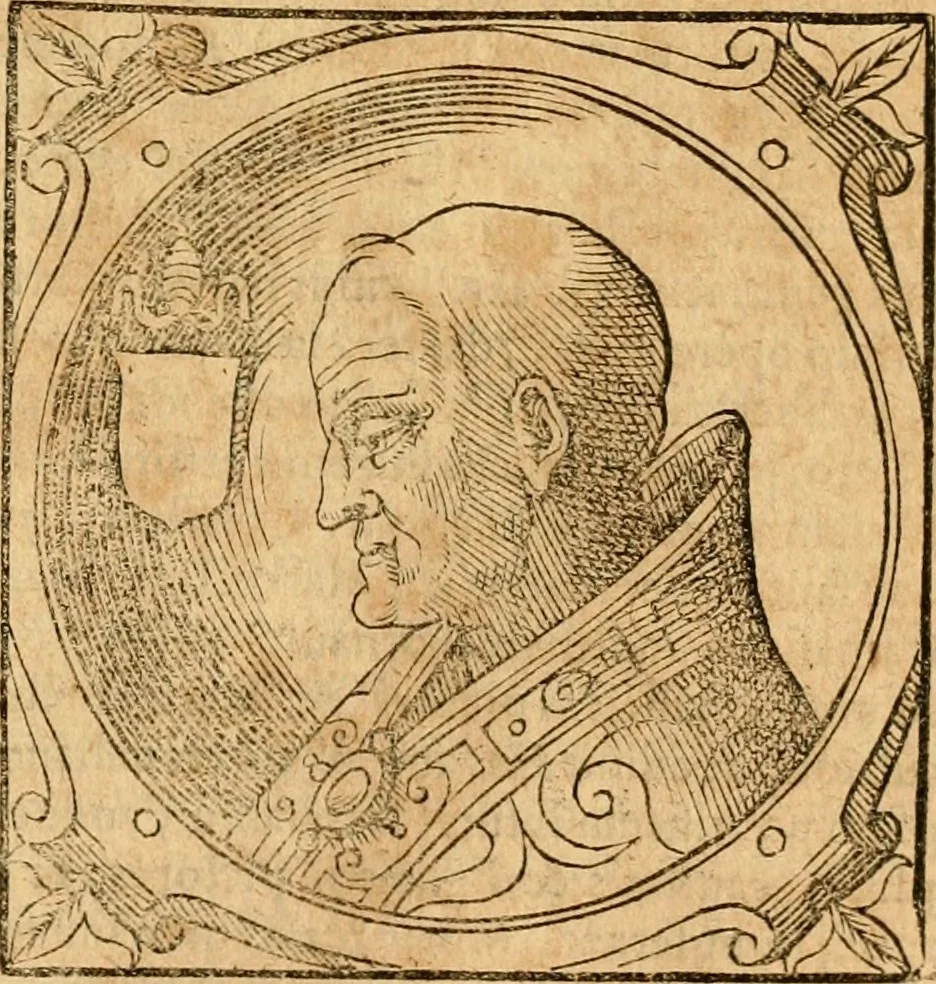 An illustration from Historia B. Platinae de vitis pontificum Romanorum : a D.N. Jesu Christo usque ad Paulum II. venetum papam : longe' quam antea emendatior, doctissimarumq[ue] annotationum Onuphrii Panuinii accessione nunc illustrior reddita : cui, eiusdem Onuphrii accurata atque fideli operâ, reliquorum pontificum vitae, usq[ue] ad Pium V. & Antonii Ciccarellae, usq[ue] ad Clementem VIII. qui hodiè sanctæ Romanae Catholicae ecclesiae præsidet, adiunctæ sunt : accesserunt nunc demum omnium pontificum verae effigies : omnia summo studio emendata & correcta, 1600, leaf 106