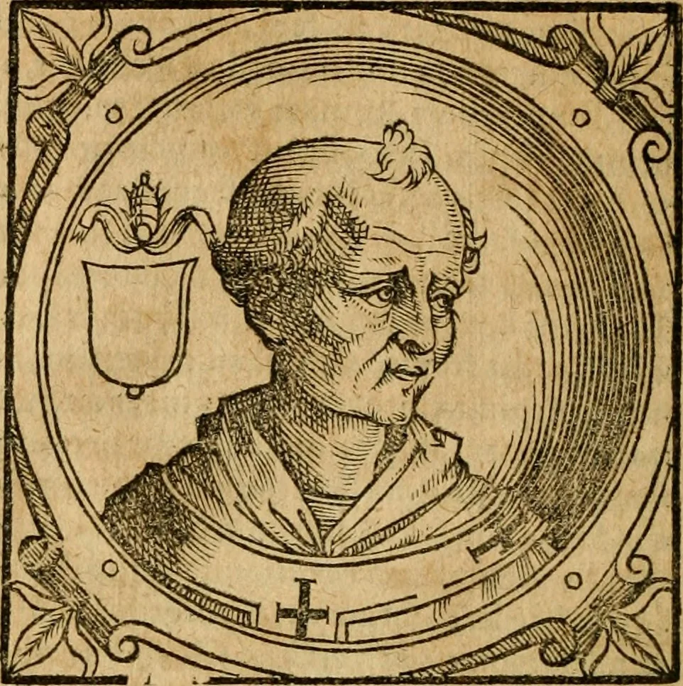An illustration from Historia B. Platinae de vitis pontificum Romanorum : a D.N. Jesu Christo usque ad Paulum II. venetum papam : longe' quam antea emendatior, doctissimarumq[ue] annotationum Onuphrii Panuinii accessione nunc illustrior reddita : cui, eiusdem Onuphrii accurata atque fideli operâ, reliquorum pontificum vitae, usq[ue] ad Pium V. & Antonii Ciccarellae, usq[ue] ad Clementem VIII. qui hodiè sanctæ Romanae Catholicae ecclesiae præsidet, adiunctæ sunt : accesserunt nunc demum omnium pontificum verae effigies : omnia summo studio emendata & correcta, 1600, leaf 107