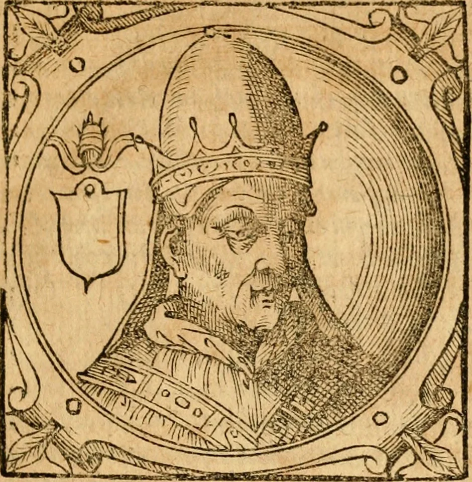 An illustration from Historia B. Platinae de vitis pontificum Romanorum : a D.N. Jesu Christo usque ad Paulum II. venetum papam : longe' quam antea emendatior, doctissimarumq[ue] annotationum Onuphrii Panuinii accessione nunc illustrior reddita : cui, eiusdem Onuphrii accurata atque fideli operâ, reliquorum pontificum vitae, usq[ue] ad Pium V. & Antonii Ciccarellae, usq[ue] ad Clementem VIII. qui hodiè sanctæ Romanae Catholicae ecclesiae præsidet, adiunctæ sunt : accesserunt nunc demum omnium pontificum verae effigies : omnia summo studio emendata & correcta, 1600, leaf 108