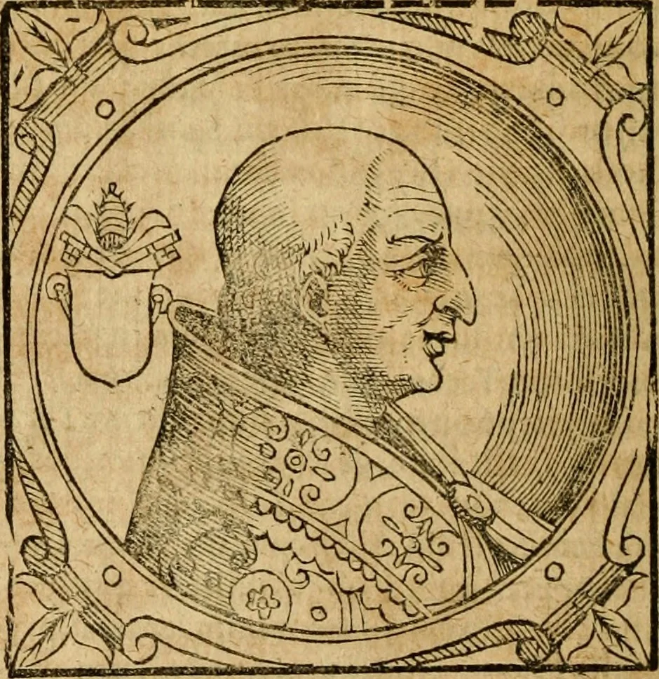 An illustration from Historia B. Platinae de vitis pontificum Romanorum : a D.N. Jesu Christo usque ad Paulum II. venetum papam : longe' quam antea emendatior, doctissimarumq[ue] annotationum Onuphrii Panuinii accessione nunc illustrior reddita : cui, eiusdem Onuphrii accurata atque fideli operâ, reliquorum pontificum vitae, usq[ue] ad Pium V. & Antonii Ciccarellae, usq[ue] ad Clementem VIII. qui hodiè sanctæ Romanae Catholicae ecclesiae præsidet, adiunctæ sunt : accesserunt nunc demum omnium pontificum verae effigies : omnia summo studio emendata & correcta, 1600, leaf 109