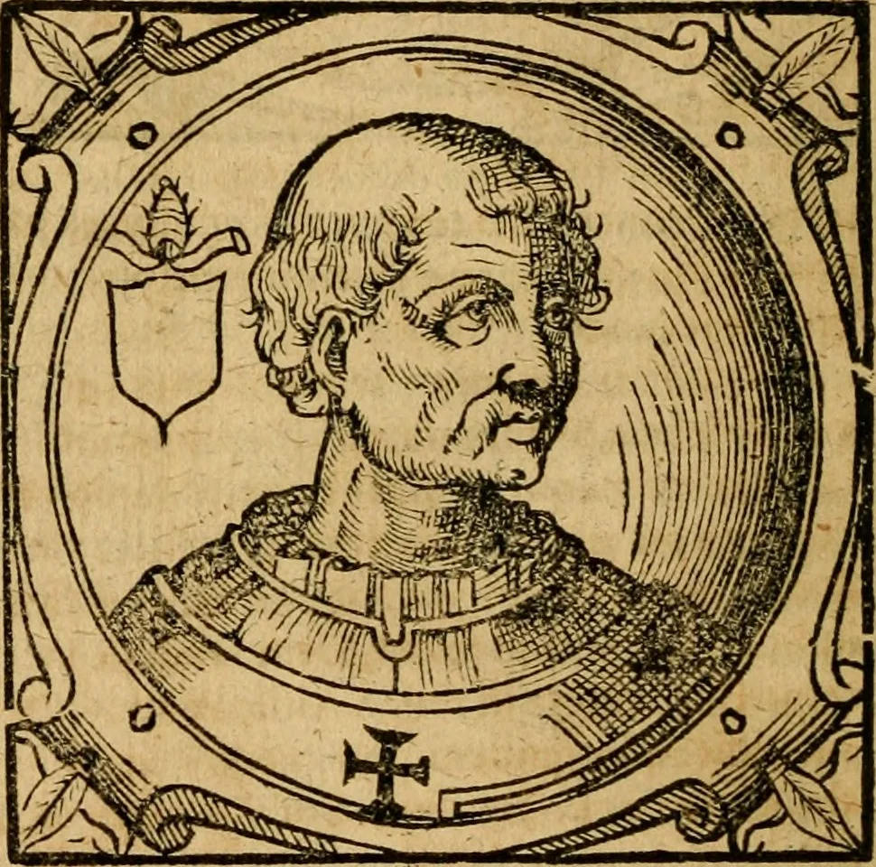 An illustration from Historia B. Platinae de vitis pontificum Romanorum : a D.N. Jesu Christo usque ad Paulum II. venetum papam : longe' quam antea emendatior, doctissimarumq[ue] annotationum Onuphrii Panuinii accessione nunc illustrior reddita : cui, eiusdem Onuphrii accurata atque fideli operâ, reliquorum pontificum vitae, usq[ue] ad Pium V. & Antonii Ciccarellae, usq[ue] ad Clementem VIII. qui hodiè sanctæ Romanae Catholicae ecclesiae præsidet, adiunctæ sunt : accesserunt nunc demum omnium pontificum verae effigies : omnia summo studio emendata & correcta, 1600, leaf 113