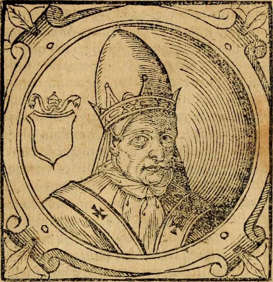 An illustration from Historia B. Platinae de vitis pontificum Romanorum : a D.N. Jesu Christo usque ad Paulum II. venetum papam : longe' quam antea emendatior, doctissimarumq[ue] annotationum Onuphrii Panuinii accessione nunc illustrior reddita : cui, eiusdem Onuphrii accurata atque fideli operâ, reliquorum pontificum vitae, usq[ue] ad Pium V. & Antonii Ciccarellae, usq[ue] ad Clementem VIII. qui hodiè sanctæ Romanae Catholicae ecclesiae præsidet, adiunctæ sunt : accesserunt nunc demum omnium pontificum verae effigies : omnia summo studio emendata & correcta, 1600, leaf 117
