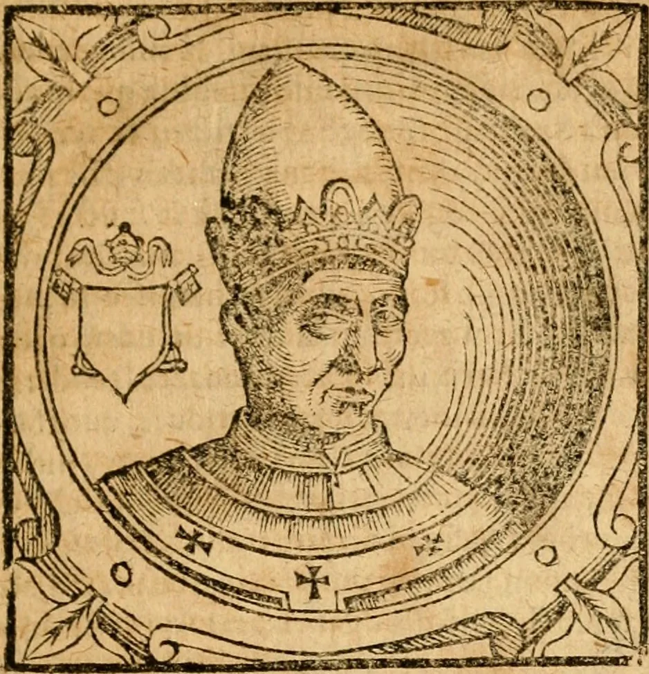 An illustration from Historia B. Platinae de vitis pontificum Romanorum : a D.N. Jesu Christo usque ad Paulum II. venetum papam : longe' quam antea emendatior, doctissimarumq[ue] annotationum Onuphrii Panuinii accessione nunc illustrior reddita : cui, eiusdem Onuphrii accurata atque fideli operâ, reliquorum pontificum vitae, usq[ue] ad Pium V. & Antonii Ciccarellae, usq[ue] ad Clementem VIII. qui hodiè sanctæ Romanae Catholicae ecclesiae præsidet, adiunctæ sunt : accesserunt nunc demum omnium pontificum verae effigies : omnia summo studio emendata & correcta, 1600, leaf 118