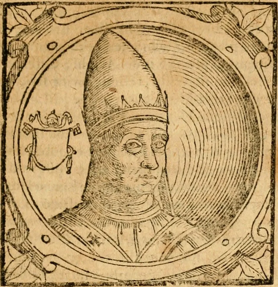 An illustration from Historia B. Platinae de vitis pontificum Romanorum : a D.N. Jesu Christo usque ad Paulum II. venetum papam : longe' quam antea emendatior, doctissimarumq[ue] annotationum Onuphrii Panuinii accessione nunc illustrior reddita : cui, eiusdem Onuphrii accurata atque fideli operâ, reliquorum pontificum vitae, usq[ue] ad Pium V. & Antonii Ciccarellae, usq[ue] ad Clementem VIII. qui hodiè sanctæ Romanae Catholicae ecclesiae præsidet, adiunctæ sunt : accesserunt nunc demum omnium pontificum verae effigies : omnia summo studio emendata & correcta, 1600, leaf 120