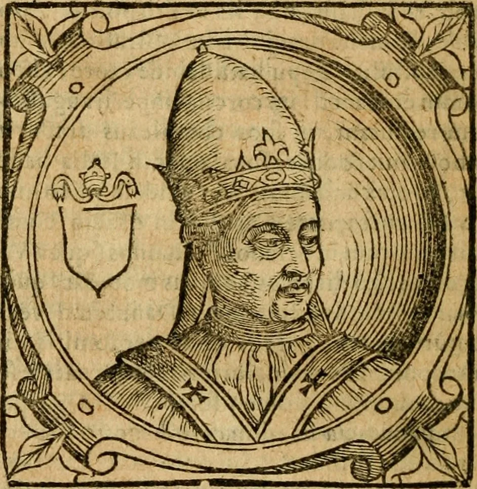 An illustration from Historia B. Platinae de vitis pontificum Romanorum : a D.N. Jesu Christo usque ad Paulum II. venetum papam : longe' quam antea emendatior, doctissimarumq[ue] annotationum Onuphrii Panuinii accessione nunc illustrior reddita : cui, eiusdem Onuphrii accurata atque fideli operâ, reliquorum pontificum vitae, usq[ue] ad Pium V. & Antonii Ciccarellae, usq[ue] ad Clementem VIII. qui hodiè sanctæ Romanae Catholicae ecclesiae præsidet, adiunctæ sunt : accesserunt nunc demum omnium pontificum verae effigies : omnia summo studio emendata & correcta, 1600, leaf 123