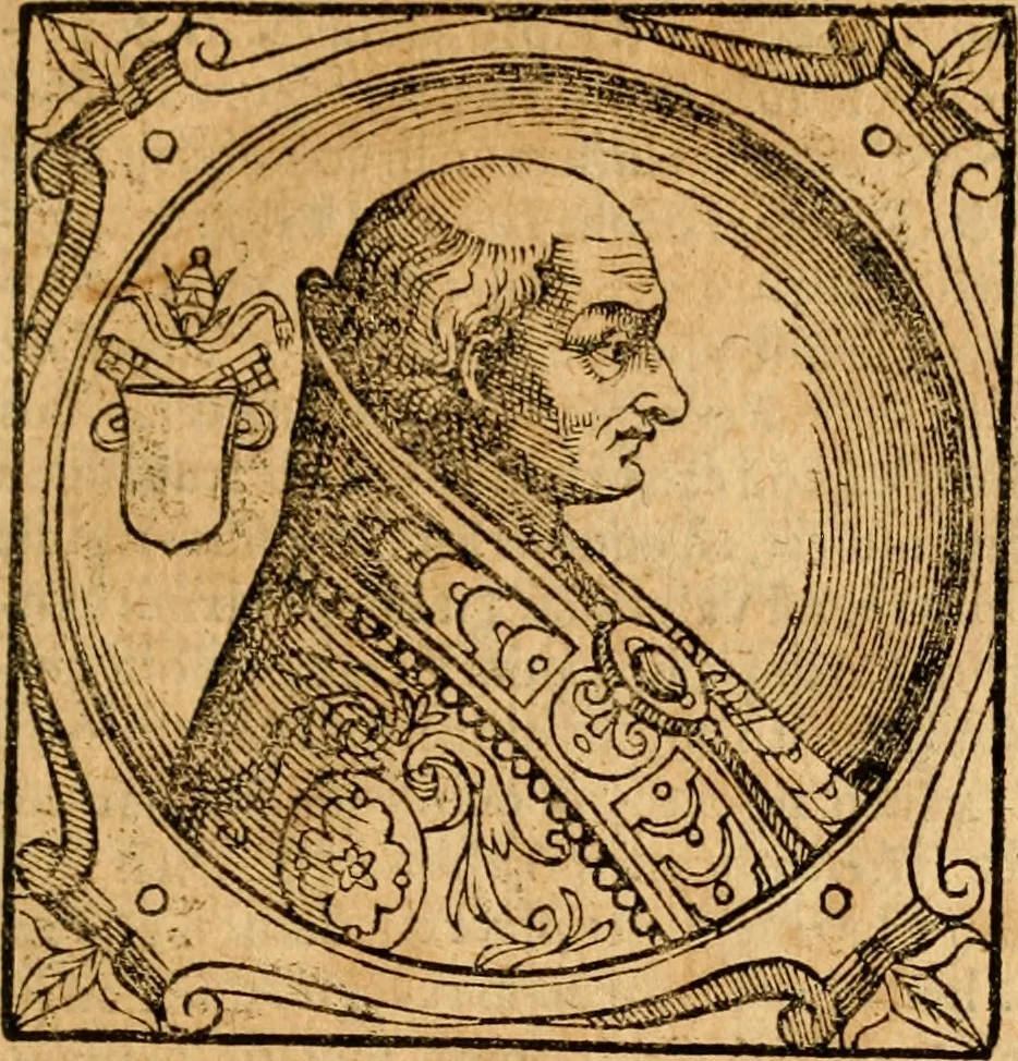 An illustration from Historia B. Platinae de vitis pontificum Romanorum : a D.N. Jesu Christo usque ad Paulum II. venetum papam : longe' quam antea emendatior, doctissimarumq[ue] annotationum Onuphrii Panuinii accessione nunc illustrior reddita : cui, eiusdem Onuphrii accurata atque fideli operâ, reliquorum pontificum vitae, usq[ue] ad Pium V. & Antonii Ciccarellae, usq[ue] ad Clementem VIII. qui hodiè sanctæ Romanae Catholicae ecclesiae præsidet, adiunctæ sunt : accesserunt nunc demum omnium pontificum verae effigies : omnia summo studio emendata & correcta, 1600, leaf 126