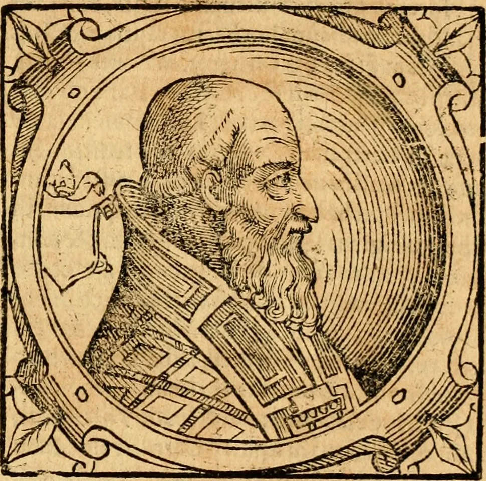 An illustration from Historia B. Platinae de vitis pontificum Romanorum : a D.N. Jesu Christo usque ad Paulum II. venetum papam : longe' quam antea emendatior, doctissimarumq[ue] annotationum Onuphrii Panuinii accessione nunc illustrior reddita : cui, eiusdem Onuphrii accurata atque fideli operâ, reliquorum pontificum vitae, usq[ue] ad Pium V. & Antonii Ciccarellae, usq[ue] ad Clementem VIII. qui hodiè sanctæ Romanae Catholicae ecclesiae præsidet, adiunctæ sunt : accesserunt nunc demum omnium pontificum verae effigies : omnia summo studio emendata & correcta, 1600, leaf 126
