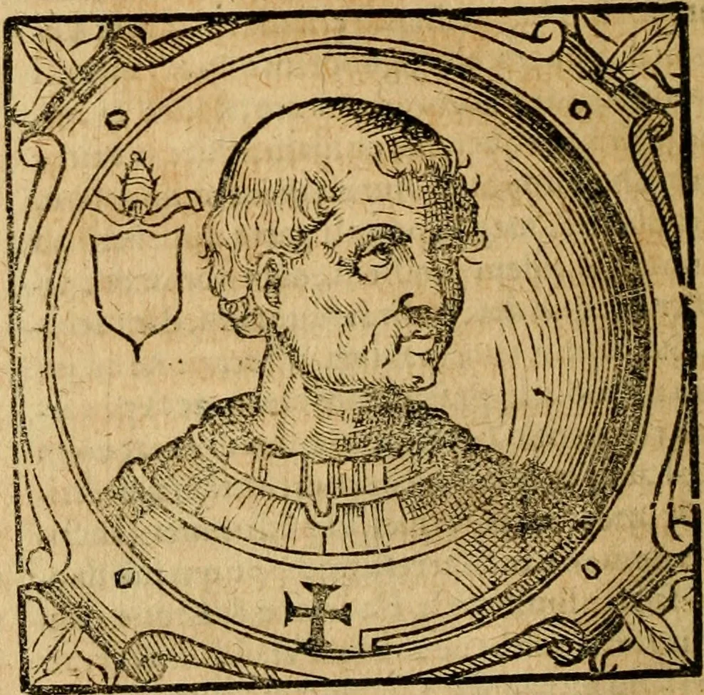 An illustration from Historia B. Platinae de vitis pontificum Romanorum : a D.N. Jesu Christo usque ad Paulum II. venetum papam : longe' quam antea emendatior, doctissimarumq[ue] annotationum Onuphrii Panuinii accessione nunc illustrior reddita : cui, eiusdem Onuphrii accurata atque fideli operâ, reliquorum pontificum vitae, usq[ue] ad Pium V. & Antonii Ciccarellae, usq[ue] ad Clementem VIII. qui hodiè sanctæ Romanae Catholicae ecclesiae præsidet, adiunctæ sunt : accesserunt nunc demum omnium pontificum verae effigies : omnia summo studio emendata & correcta, 1600, leaf 127
