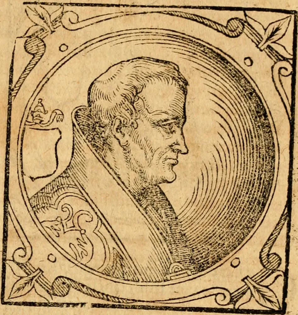An illustration from Historia B. Platinae de vitis pontificum Romanorum : a D.N. Jesu Christo usque ad Paulum II. venetum papam : longe' quam antea emendatior, doctissimarumq[ue] annotationum Onuphrii Panuinii accessione nunc illustrior reddita : cui, eiusdem Onuphrii accurata atque fideli operâ, reliquorum pontificum vitae, usq[ue] ad Pium V. & Antonii Ciccarellae, usq[ue] ad Clementem VIII. qui hodiè sanctæ Romanae Catholicae ecclesiae præsidet, adiunctæ sunt : accesserunt nunc demum omnium pontificum verae effigies : omnia summo studio emendata & correcta, 1600, leaf 128