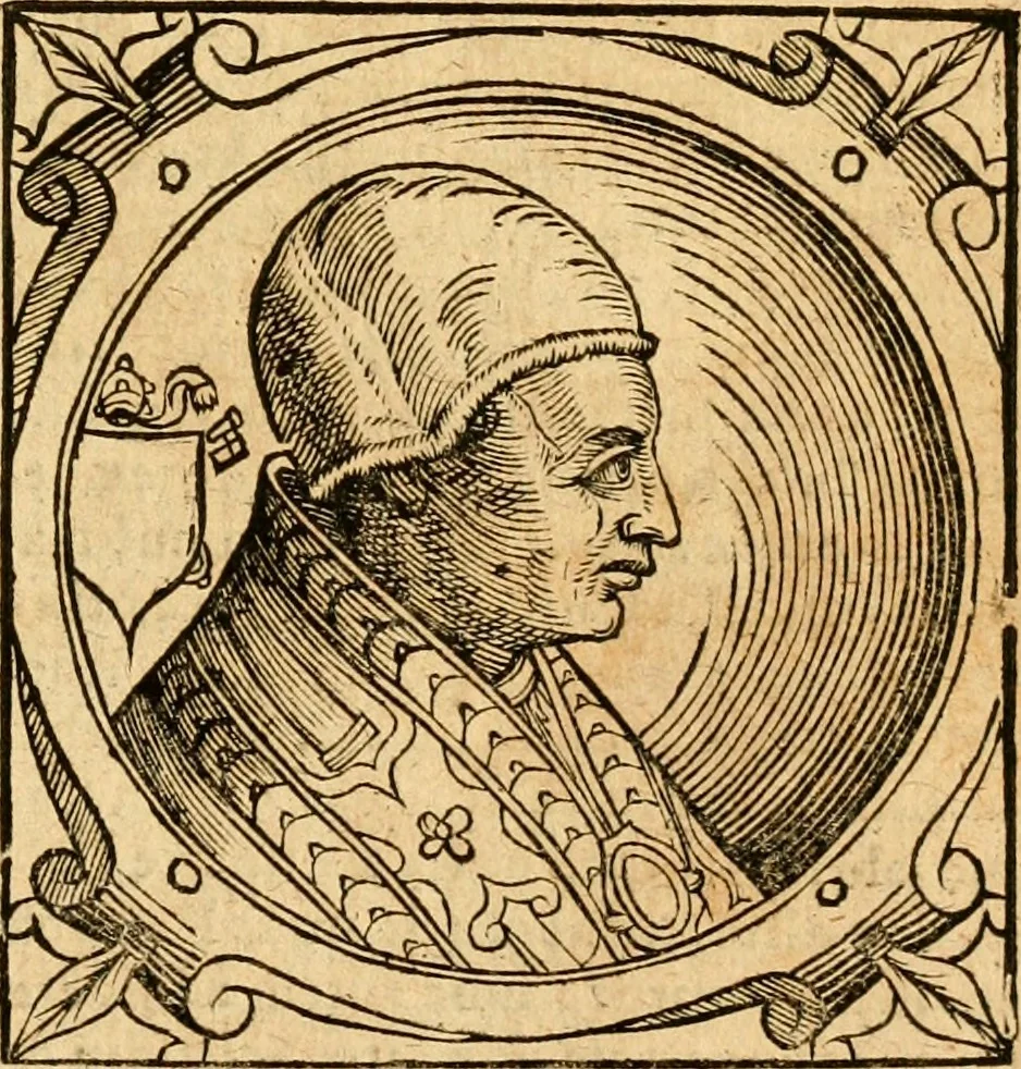 An illustration from Historia B. Platinae de vitis pontificum Romanorum : a D.N. Jesu Christo usque ad Paulum II. venetum papam : longe' quam antea emendatior, doctissimarumq[ue] annotationum Onuphrii Panuinii accessione nunc illustrior reddita : cui, eiusdem Onuphrii accurata atque fideli operâ, reliquorum pontificum vitae, usq[ue] ad Pium V. & Antonii Ciccarellae, usq[ue] ad Clementem VIII. qui hodiè sanctæ Romanae Catholicae ecclesiae præsidet, adiunctæ sunt : accesserunt nunc demum omnium pontificum verae effigies : omnia summo studio emendata & correcta, 1600, leaf 130