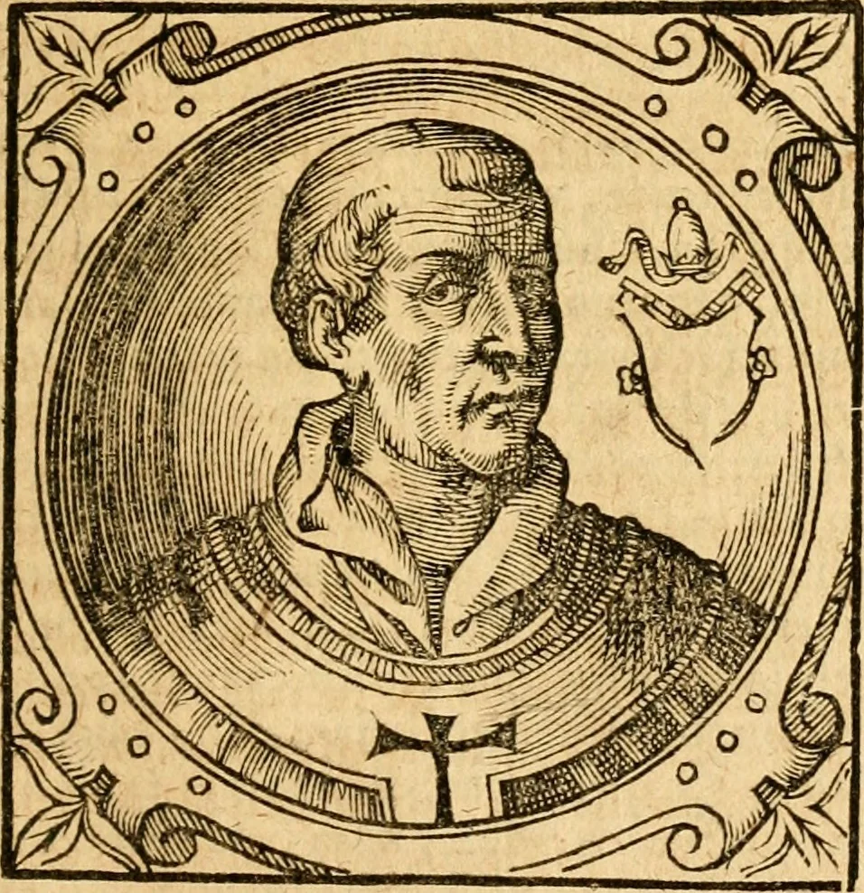 An illustration from Historia B. Platinae de vitis pontificum Romanorum : a D.N. Jesu Christo usque ad Paulum II. venetum papam : longe' quam antea emendatior, doctissimarumq[ue] annotationum Onuphrii Panuinii accessione nunc illustrior reddita : cui, eiusdem Onuphrii accurata atque fideli operâ, reliquorum pontificum vitae, usq[ue] ad Pium V. & Antonii Ciccarellae, usq[ue] ad Clementem VIII. qui hodiè sanctæ Romanae Catholicae ecclesiae præsidet, adiunctæ sunt : accesserunt nunc demum omnium pontificum verae effigies : omnia summo studio emendata & correcta, 1600, leaf 132