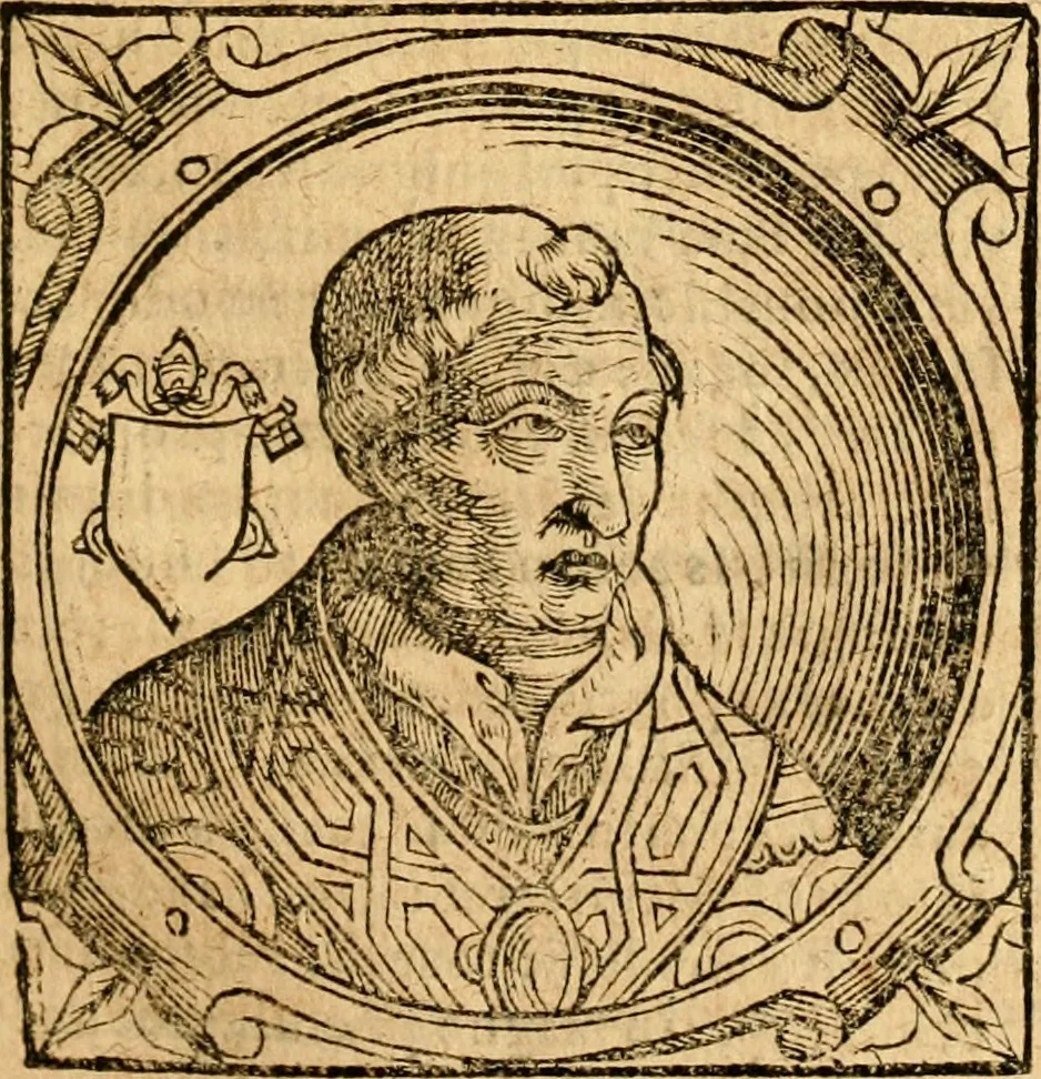 An illustration from Historia B. Platinae de vitis pontificum Romanorum : a D.N. Jesu Christo usque ad Paulum II. venetum papam : longe' quam antea emendatior, doctissimarumq[ue] annotationum Onuphrii Panuinii accessione nunc illustrior reddita : cui, eiusdem Onuphrii accurata atque fideli operâ, reliquorum pontificum vitae, usq[ue] ad Pium V. & Antonii Ciccarellae, usq[ue] ad Clementem VIII. qui hodiè sanctæ Romanae Catholicae ecclesiae præsidet, adiunctæ sunt : accesserunt nunc demum omnium pontificum verae effigies : omnia summo studio emendata & correcta, 1600, leaf 138