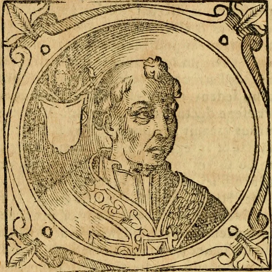An illustration from Historia B. Platinae de vitis pontificum Romanorum : a D.N. Jesu Christo usque ad Paulum II. venetum papam : longe' quam antea emendatior, doctissimarumq[ue] annotationum Onuphrii Panuinii accessione nunc illustrior reddita : cui, eiusdem Onuphrii accurata atque fideli operâ, reliquorum pontificum vitae, usq[ue] ad Pium V. & Antonii Ciccarellae, usq[ue] ad Clementem VIII. qui hodiè sanctæ Romanae Catholicae ecclesiae præsidet, adiunctæ sunt : accesserunt nunc demum omnium pontificum verae effigies : omnia summo studio emendata & correcta, 1600, leaf 139