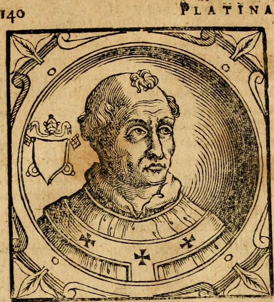 An illustration from Historia B. Platinae de vitis pontificum Romanorum : a D.N. Jesu Christo usque ad Paulum II. venetum papam : longe' quam antea emendatior, doctissimarumq[ue] annotationum Onuphrii Panuinii accessione nunc illustrior reddita : cui, eiusdem Onuphrii accurata atque fideli operâ, reliquorum pontificum vitae, usq[ue] ad Pium V. & Antonii Ciccarellae, usq[ue] ad Clementem VIII. qui hodiè sanctæ Romanae Catholicae ecclesiae præsidet, adiunctæ sunt : accesserunt nunc demum omnium pontificum verae effigies : omnia summo studio emendata & correcta, 1600, leaf 141
