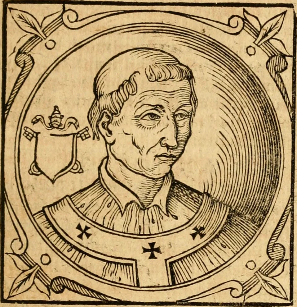 An illustration from Historia B. Platinae de vitis pontificum Romanorum : a D.N. Jesu Christo usque ad Paulum II. venetum papam : longe' quam antea emendatior, doctissimarumq[ue] annotationum Onuphrii Panuinii accessione nunc illustrior reddita : cui, eiusdem Onuphrii accurata atque fideli operâ, reliquorum pontificum vitae, usq[ue] ad Pium V. & Antonii Ciccarellae, usq[ue] ad Clementem VIII. qui hodiè sanctæ Romanae Catholicae ecclesiae præsidet, adiunctæ sunt : accesserunt nunc demum omnium pontificum verae effigies : omnia summo studio emendata & correcta, 1600, leaf 142