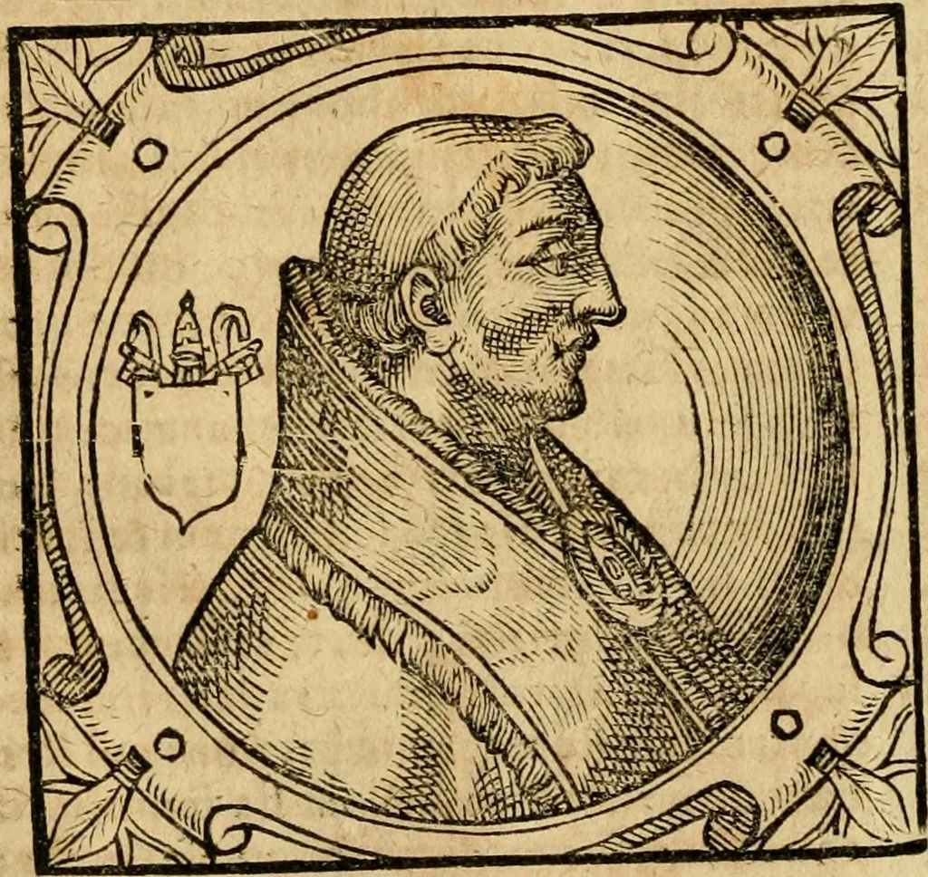 An illustration from Historia B. Platinae de vitis pontificum Romanorum : a D.N. Jesu Christo usque ad Paulum II. venetum papam : longe' quam antea emendatior, doctissimarumq[ue] annotationum Onuphrii Panuinii accessione nunc illustrior reddita : cui, eiusdem Onuphrii accurata atque fideli operâ, reliquorum pontificum vitae, usq[ue] ad Pium V. & Antonii Ciccarellae, usq[ue] ad Clementem VIII. qui hodiè sanctæ Romanae Catholicae ecclesiae præsidet, adiunctæ sunt : accesserunt nunc demum omnium pontificum verae effigies : omnia summo studio emendata & correcta, 1600, leaf 143