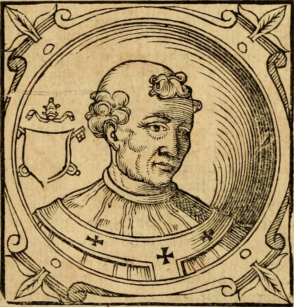 An illustration from Historia B. Platinae de vitis pontificum Romanorum : a D.N. Jesu Christo usque ad Paulum II. venetum papam : longe' quam antea emendatior, doctissimarumq[ue] annotationum Onuphrii Panuinii accessione nunc illustrior reddita : cui, eiusdem Onuphrii accurata atque fideli operâ, reliquorum pontificum vitae, usq[ue] ad Pium V. & Antonii Ciccarellae, usq[ue] ad Clementem VIII. qui hodiè sanctæ Romanae Catholicae ecclesiae præsidet, adiunctæ sunt : accesserunt nunc demum omnium pontificum verae effigies : omnia summo studio emendata & correcta, 1600, leaf 145