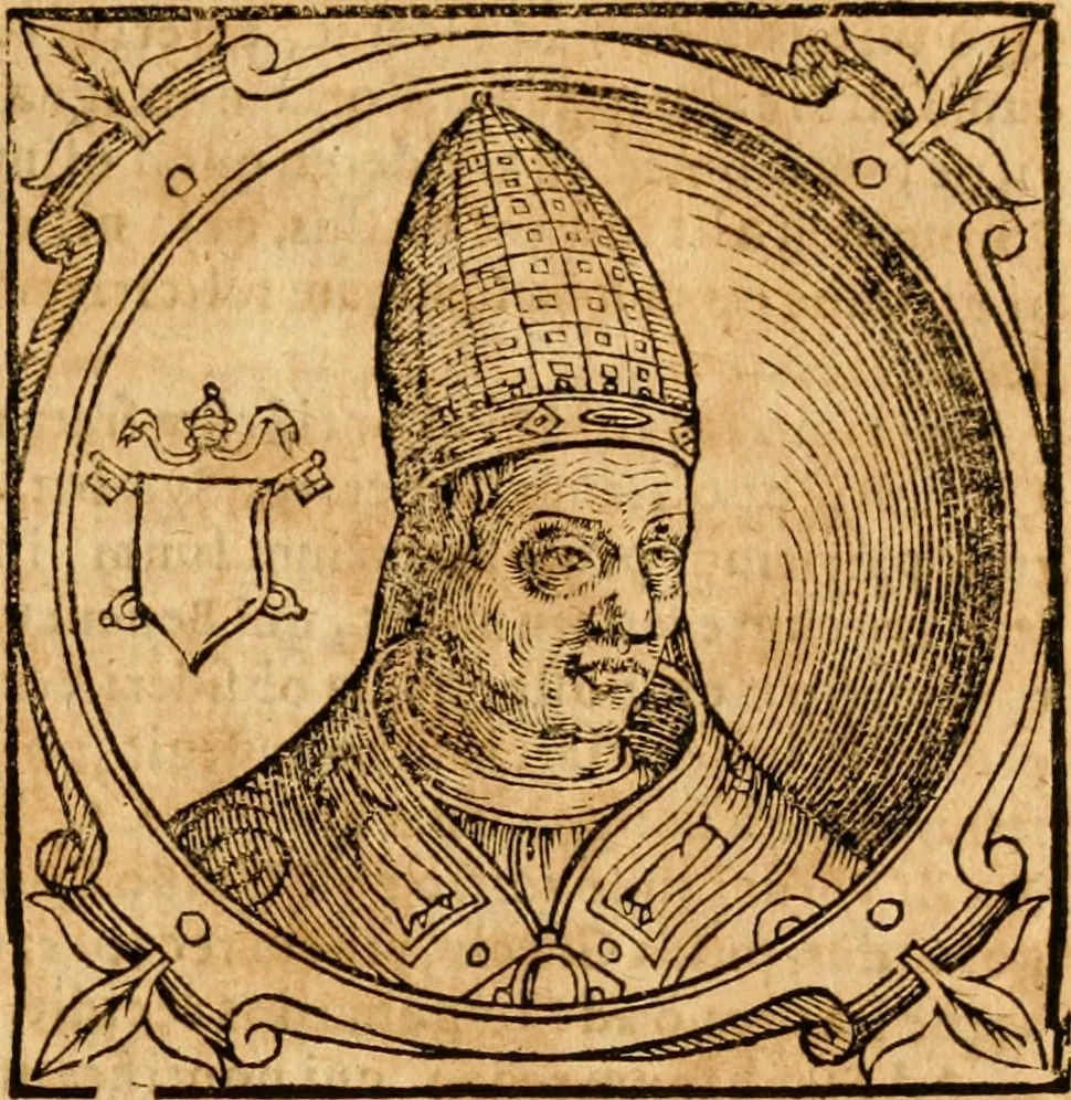 An illustration from Historia B. Platinae de vitis pontificum Romanorum : a D.N. Jesu Christo usque ad Paulum II. venetum papam : longe' quam antea emendatior, doctissimarumq[ue] annotationum Onuphrii Panuinii accessione nunc illustrior reddita : cui, eiusdem Onuphrii accurata atque fideli operâ, reliquorum pontificum vitae, usq[ue] ad Pium V. & Antonii Ciccarellae, usq[ue] ad Clementem VIII. qui hodiè sanctæ Romanae Catholicae ecclesiae præsidet, adiunctæ sunt : accesserunt nunc demum omnium pontificum verae effigies : omnia summo studio emendata & correcta, 1600, leaf 146