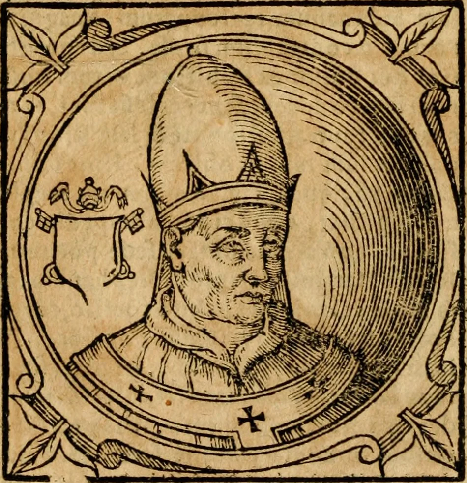 An illustration from Historia B. Platinae de vitis pontificum Romanorum : a D.N. Jesu Christo usque ad Paulum II. venetum papam : longe' quam antea emendatior, doctissimarumq[ue] annotationum Onuphrii Panuinii accessione nunc illustrior reddita : cui, eiusdem Onuphrii accurata atque fideli operâ, reliquorum pontificum vitae, usq[ue] ad Pium V. & Antonii Ciccarellae, usq[ue] ad Clementem VIII. qui hodiè sanctæ Romanae Catholicae ecclesiae præsidet, adiunctæ sunt : accesserunt nunc demum omnium pontificum verae effigies : omnia summo studio emendata & correcta, 1600, leaf 147