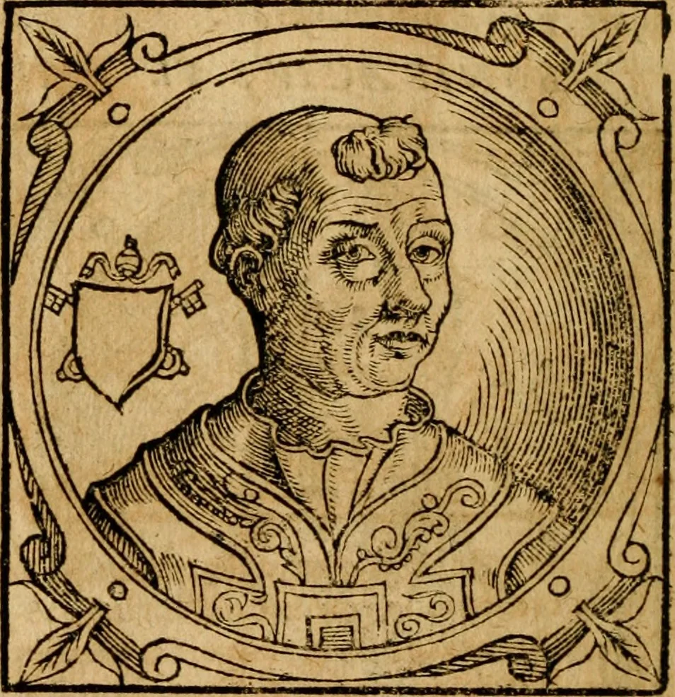 An illustration from Historia B. Platinae de vitis pontificum Romanorum : a D.N. Jesu Christo usque ad Paulum II. venetum papam : longe' quam antea emendatior, doctissimarumq[ue] annotationum Onuphrii Panuinii accessione nunc illustrior reddita : cui, eiusdem Onuphrii accurata atque fideli operâ, reliquorum pontificum vitae, usq[ue] ad Pium V. & Antonii Ciccarellae, usq[ue] ad Clementem VIII. qui hodiè sanctæ Romanae Catholicae ecclesiae præsidet, adiunctæ sunt : accesserunt nunc demum omnium pontificum verae effigies : omnia summo studio emendata & correcta, 1600, leaf 147