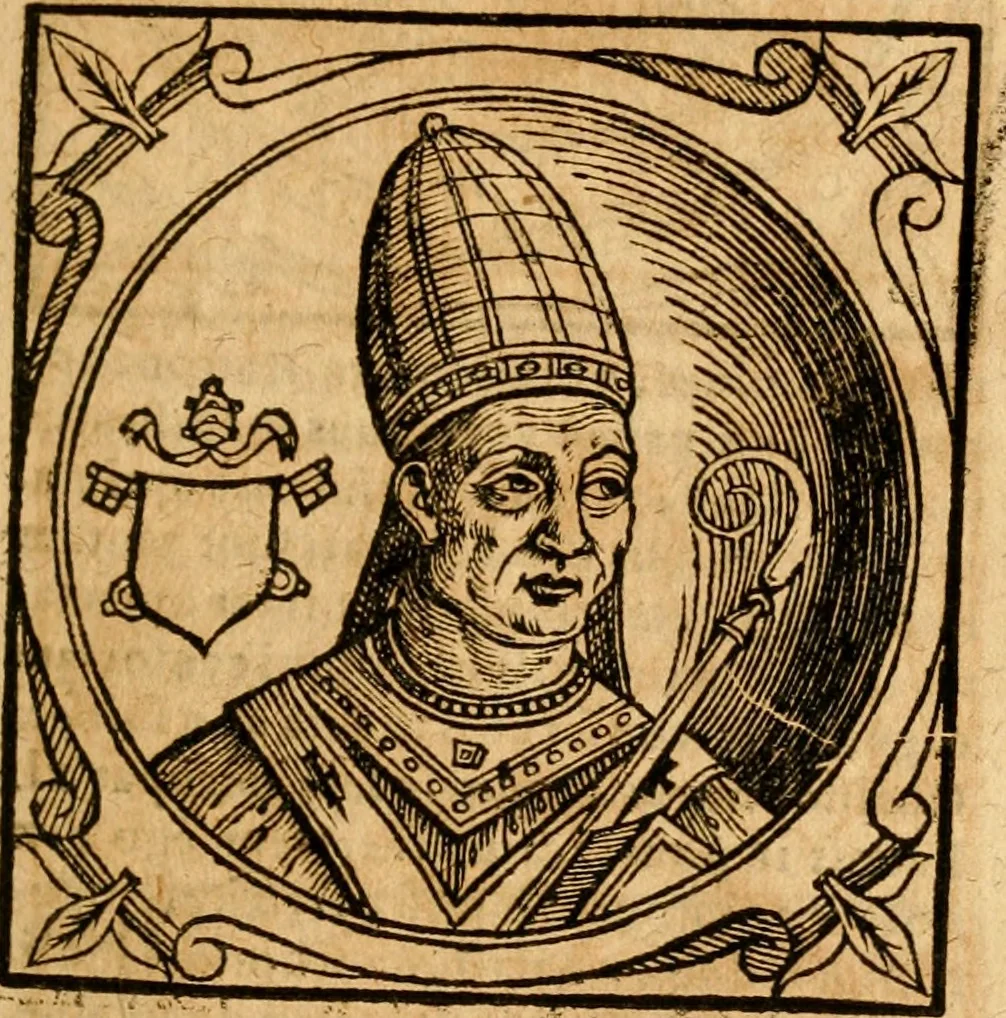 An illustration from Historia B. Platinae de vitis pontificum Romanorum : a D.N. Jesu Christo usque ad Paulum II. venetum papam : longe' quam antea emendatior, doctissimarumq[ue] annotationum Onuphrii Panuinii accessione nunc illustrior reddita : cui, eiusdem Onuphrii accurata atque fideli operâ, reliquorum pontificum vitae, usq[ue] ad Pium V. & Antonii Ciccarellae, usq[ue] ad Clementem VIII. qui hodiè sanctæ Romanae Catholicae ecclesiae præsidet, adiunctæ sunt : accesserunt nunc demum omnium pontificum verae effigies : omnia summo studio emendata & correcta, 1600, leaf 148
