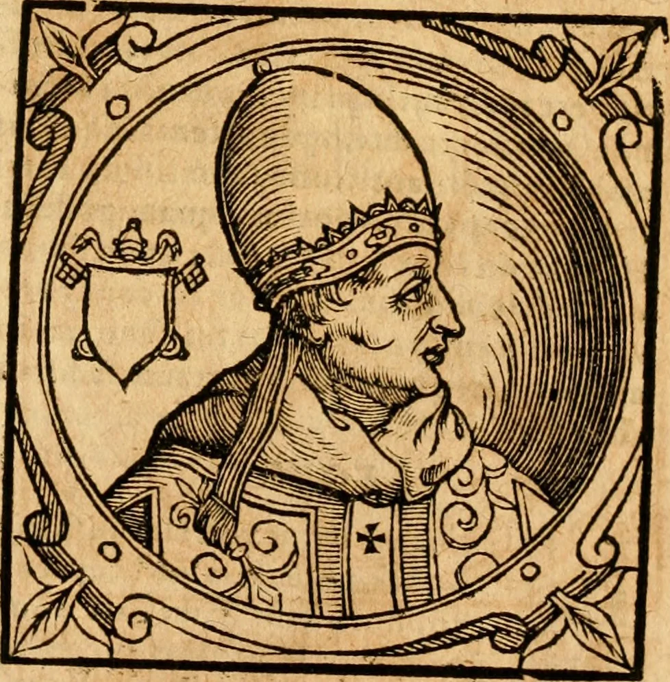 An illustration from Historia B. Platinae de vitis pontificum Romanorum : a D.N. Jesu Christo usque ad Paulum II. venetum papam : longe' quam antea emendatior, doctissimarumq[ue] annotationum Onuphrii Panuinii accessione nunc illustrior reddita : cui, eiusdem Onuphrii accurata atque fideli operâ, reliquorum pontificum vitae, usq[ue] ad Pium V. & Antonii Ciccarellae, usq[ue] ad Clementem VIII. qui hodiè sanctæ Romanae Catholicae ecclesiae præsidet, adiunctæ sunt : accesserunt nunc demum omnium pontificum verae effigies : omnia summo studio emendata & correcta, 1600, leaf 148