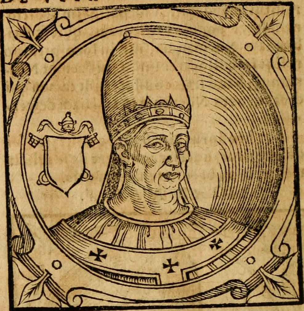 An illustration from Historia B. Platinae de vitis pontificum Romanorum : a D.N. Jesu Christo usque ad Paulum II. venetum papam : longe' quam antea emendatior, doctissimarumq[ue] annotationum Onuphrii Panuinii accessione nunc illustrior reddita : cui, eiusdem Onuphrii accurata atque fideli operâ, reliquorum pontificum vitae, usq[ue] ad Pium V. & Antonii Ciccarellae, usq[ue] ad Clementem VIII. qui hodiè sanctæ Romanae Catholicae ecclesiae præsidet, adiunctæ sunt : accesserunt nunc demum omnium pontificum verae effigies : omnia summo studio emendata & correcta, 1600, leaf 149