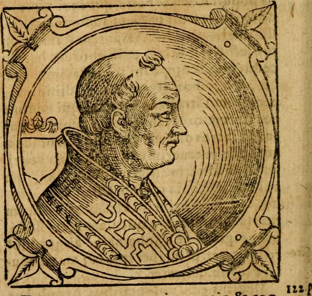 An illustration from Historia B. Platinae de vitis pontificum Romanorum : a D.N. Jesu Christo usque ad Paulum II. venetum papam : longe' quam antea emendatior, doctissimarumq[ue] annotationum Onuphrii Panuinii accessione nunc illustrior reddita : cui, eiusdem Onuphrii accurata atque fideli operâ, reliquorum pontificum vitae, usq[ue] ad Pium V. & Antonii Ciccarellae, usq[ue] ad Clementem VIII. qui hodiè sanctæ Romanae Catholicae ecclesiae præsidet, adiunctæ sunt : accesserunt nunc demum omnium pontificum verae effigies : omnia summo studio emendata & correcta, 1600, leaf 149