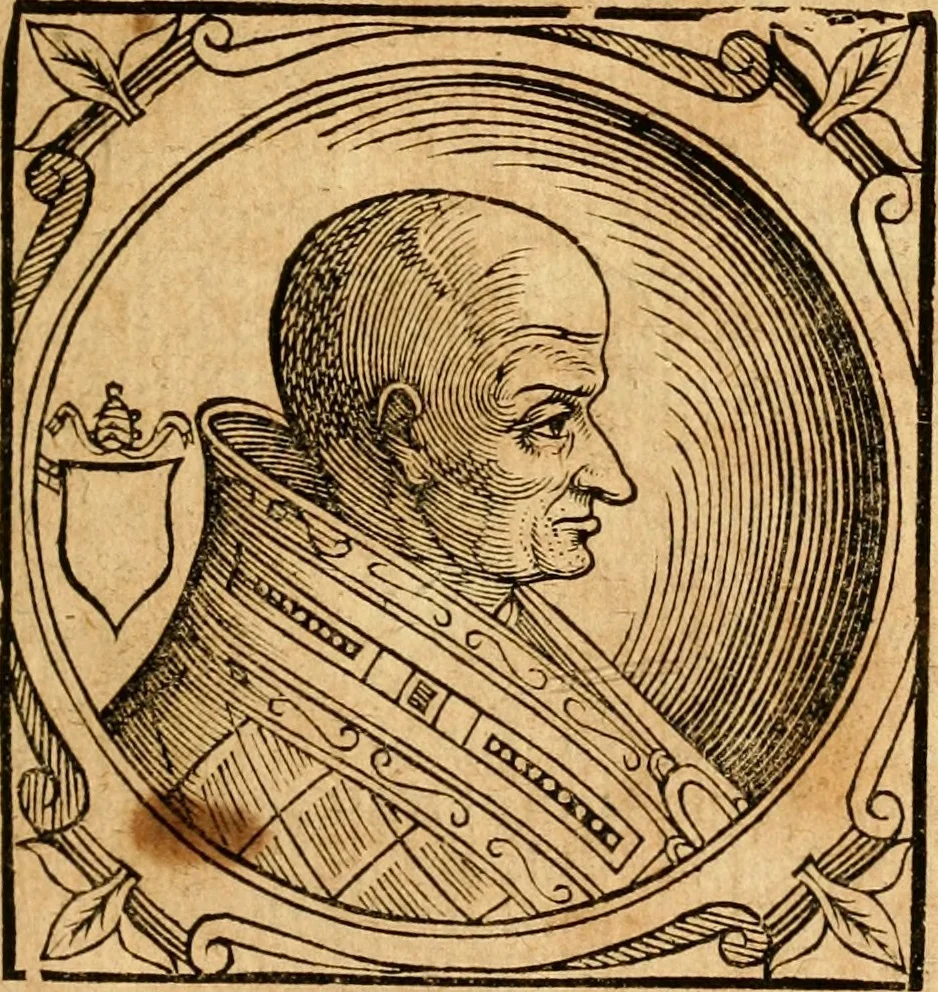 An illustration from Historia B. Platinae de vitis pontificum Romanorum : a D.N. Jesu Christo usque ad Paulum II. venetum papam : longe' quam antea emendatior, doctissimarumq[ue] annotationum Onuphrii Panuinii accessione nunc illustrior reddita : cui, eiusdem Onuphrii accurata atque fideli operâ, reliquorum pontificum vitae, usq[ue] ad Pium V. & Antonii Ciccarellae, usq[ue] ad Clementem VIII. qui hodiè sanctæ Romanae Catholicae ecclesiae præsidet, adiunctæ sunt : accesserunt nunc demum omnium pontificum verae effigies : omnia summo studio emendata & correcta, 1600, leaf 150