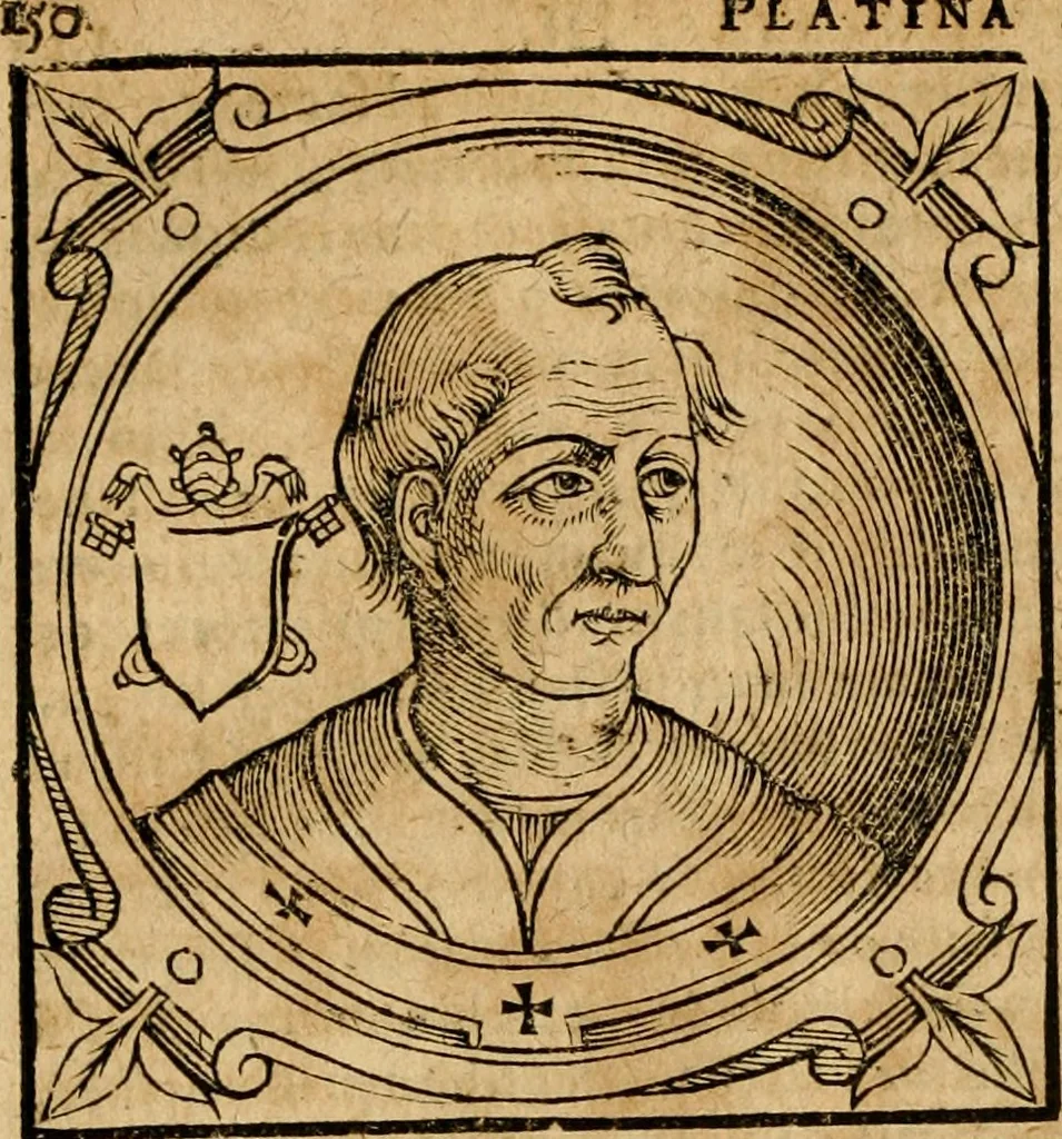 An illustration from Historia B. Platinae de vitis pontificum Romanorum : a D.N. Jesu Christo usque ad Paulum II. venetum papam : longe' quam antea emendatior, doctissimarumq[ue] annotationum Onuphrii Panuinii accessione nunc illustrior reddita : cui, eiusdem Onuphrii accurata atque fideli operâ, reliquorum pontificum vitae, usq[ue] ad Pium V. & Antonii Ciccarellae, usq[ue] ad Clementem VIII. qui hodiè sanctæ Romanae Catholicae ecclesiae præsidet, adiunctæ sunt : accesserunt nunc demum omnium pontificum verae effigies : omnia summo studio emendata & correcta, 1600, leaf 151